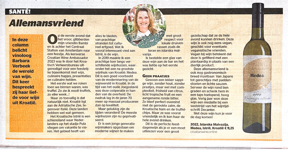 Wijncolumn Teran in de Telegraaf