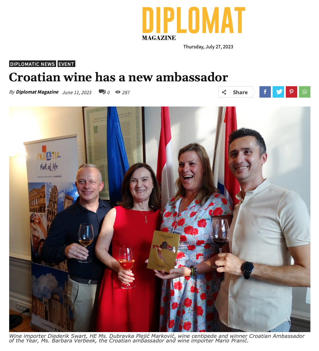 Croatian Wine Ambassador in Diplomat Magazine